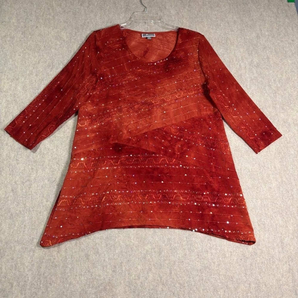 JM Collection Tunic Top Women M Rust Orange Poly Sequin Sharkbite Chic Boho